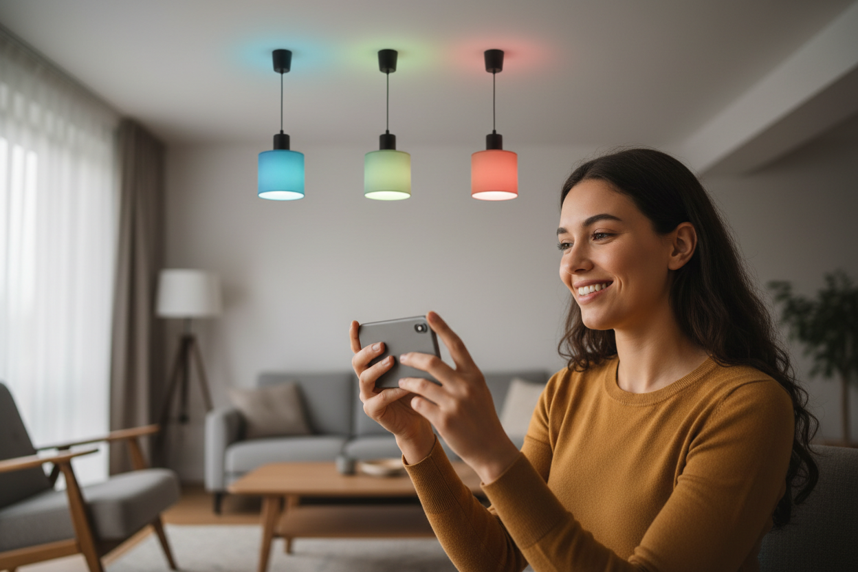 Person on Speakerphone with Hanging Pendant Lights